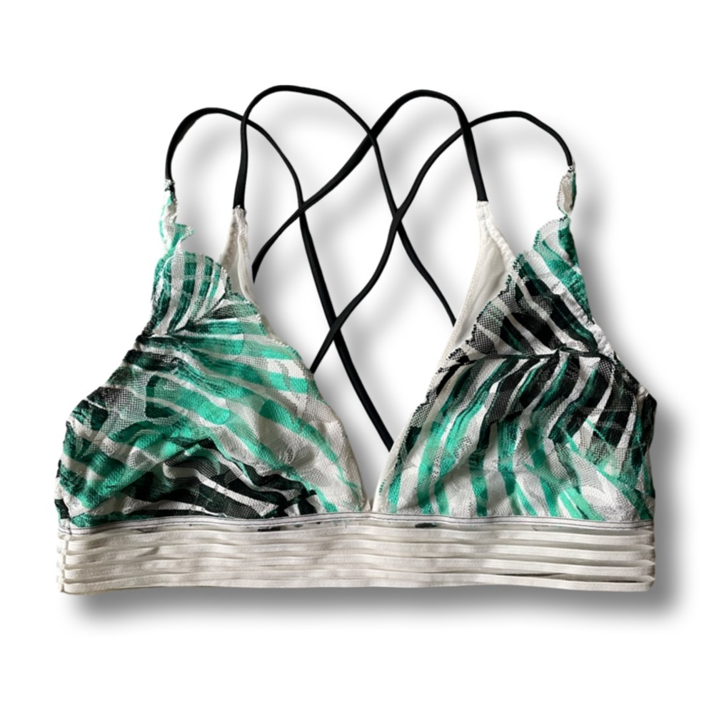 PINK Victoria’s Secret green, palm-patterned, lace bralette (M)